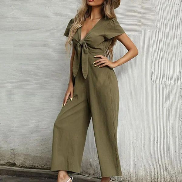 Frauenhose Leichtes Weitbein-Jumpsuit Stilvolle Sommer-Overalls V-Ausschnitt Schnüre-up Strampler Weitbein Streetwear Casual Short Sleeve