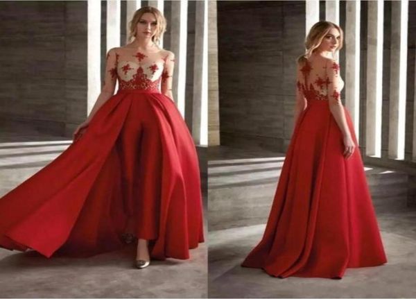 2020 Kırmızı Balo Parti Elbiseleri Çıkarılabilir etek moda tulumu Yarım uzun kollu kokteyl elbisesi özel yapım akşam elbiseleri7132372