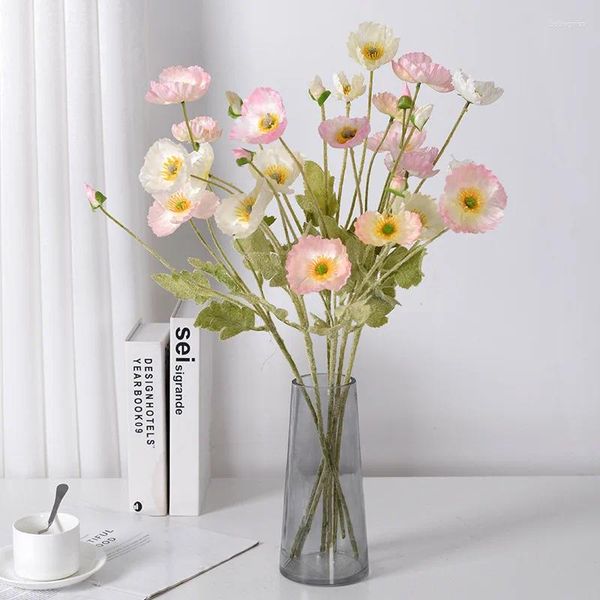 Flores decorativas Poppies de seda de flor artificial 4 Arranjo de cabeças Touch real