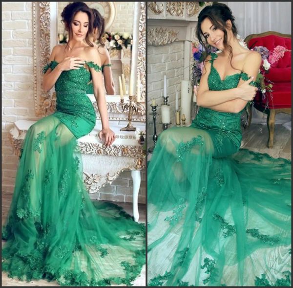 Vestidos apliques vestido de noite verde sereia sheer saia tule swee loda of the ombro baile vestidos de vestidos de soiree tendem longure