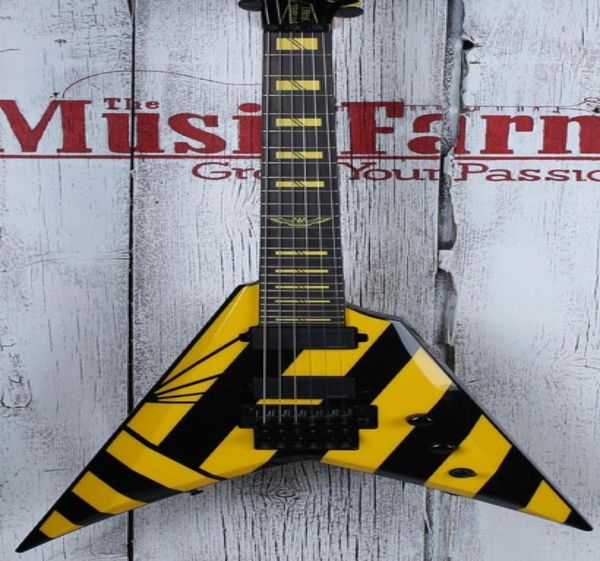 Loja personalizada parallaxe v2fr michael sweet EUA voando v preto listra amarela guitarra elétrica floyd rosa tremolo tardiopient amarelo inl4072019