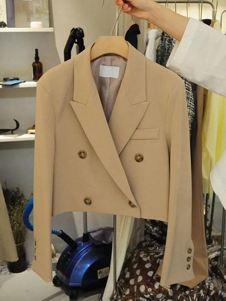 Frauenanzüge weißer kurzer Blazer Frauen Mantel Büro Dame Mode koreanische Frühling Herbsttaschen Vintage einfache Freizeitkleidung