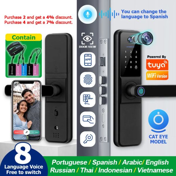 Bloqueie Yrhand Tuya WiFi Fechadura Eletronica Digital Smart Door Lock com câmeras biométricas de impressão digital Smart Card Senha para casa