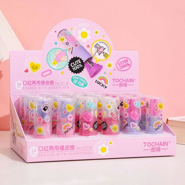 Radiergummi neue 24 PCs kreativer Lippenstift Bleistift Eraser Spitzer Süßes Schreiben Zeichnen Gummi -Radiergummis Schreibwarengeschenke Schulmaterial