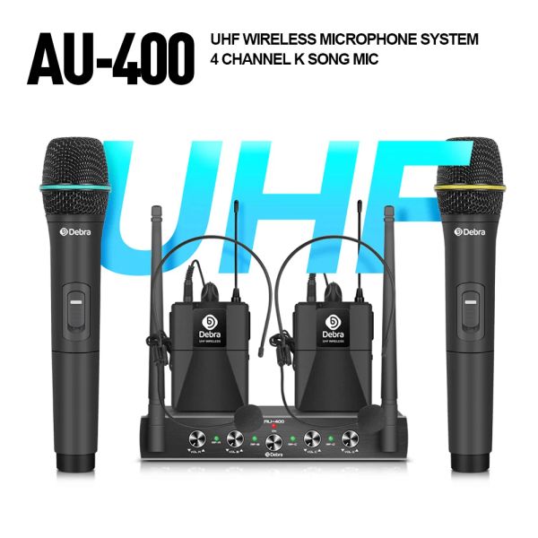 Microfoni portatili portatili AU400 UHF a 4 canali portatile/bodypack Auricolare il sistema di microfono wireless per la festa del palcoscenico della chiesa di karaoke.