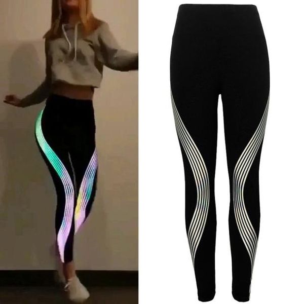 Frauen Leggings mit Regenbogen reflektierender Training Fitness Leggings Damen Neonhosen hoher Waisglühen in der dunklen Hose9820529