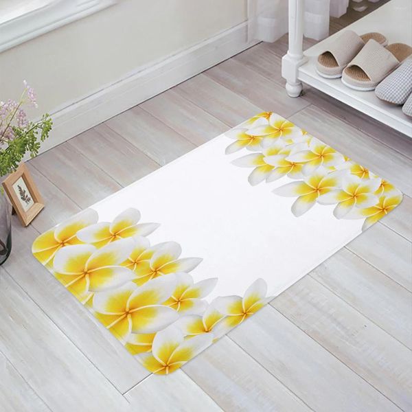 Tapetes brancos plumeria de flores de piso de flor da porta da sala de estar de cozinha tapete de cozinha não deslizamento capacho de banheiro decoração de casa