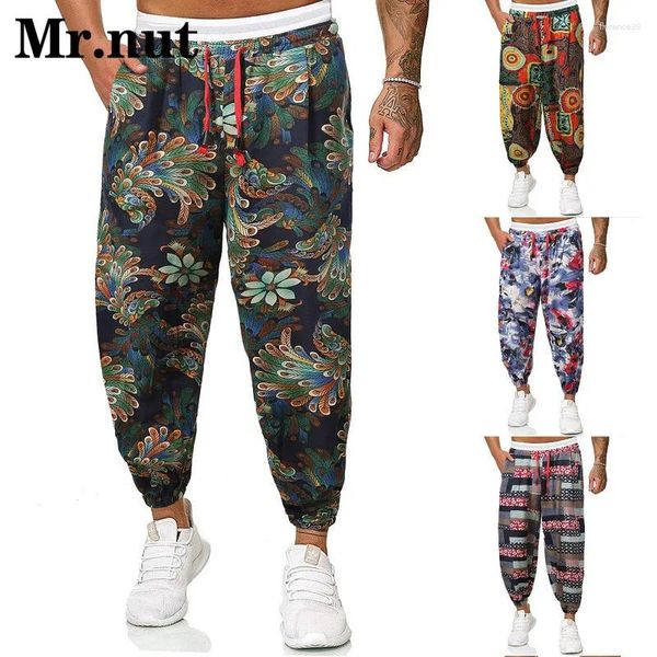 Calça masculina impressão 3d linho de algodão perna larga perna unissex vestes casuais casuais harém harajuku calças de moda