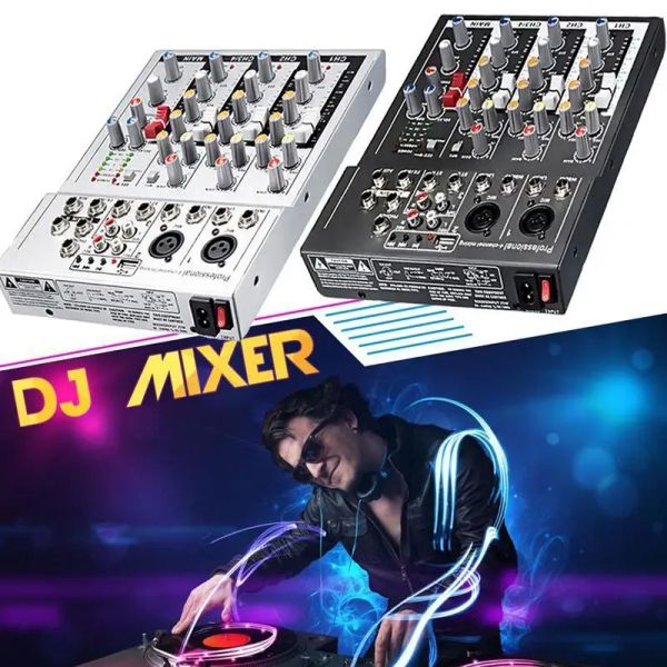 Jogador mini 4 canal karaokê de áudio Mixer de áudio Amplificador Profissional Microfones Mixagem Som Console com 48V Power music estéreo player