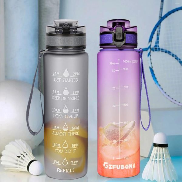 Wasserflaschen Motivational 1000 ml Sportgetränkskrug mit Zeitmarker Tritan BPA freier breiter Mund -Leckdosen schneller Fluss für das Training
