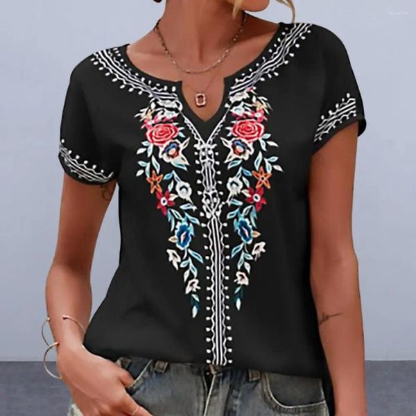 Женские блузки напечатаны летние топ-этнический стиль ретро-печатный футболка V-образной футболки Ship Fit Casual Tee Form для моды уличной одежды