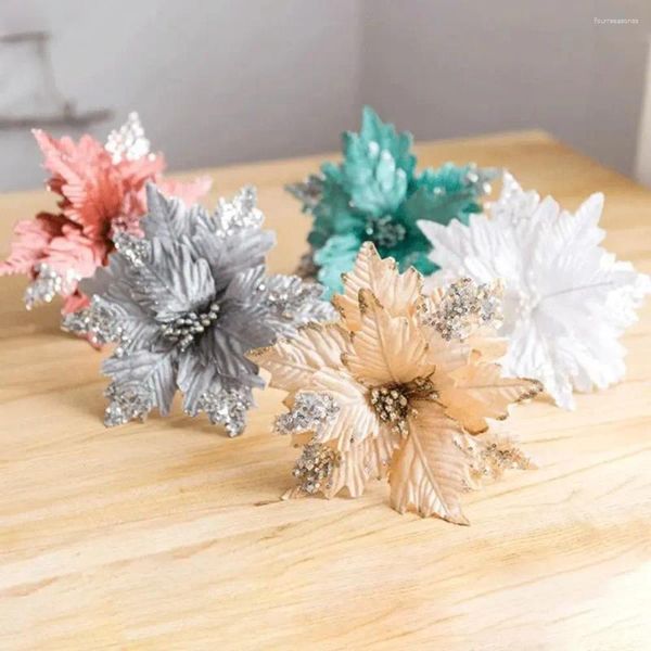 Flores decorativas brilho brilho de natal artificial pano de veludo de veludo ornamentos de natal floresta de flores diy falso