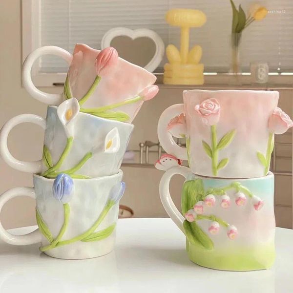 Massen 3d Relief Tulp Rose Becher Ins Stil handbemalte Design Paar Mädchen Herz Keramik Cup Girl's Geschenk großer Volumen Kaffee Milch