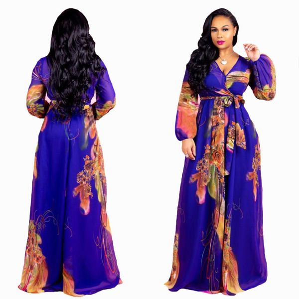 Gute Qualität Chiffon Printkleider Sex Deep v Neck Hippie Drucken Frauen lässige Langarm Fett Frauen Plus Size8211330