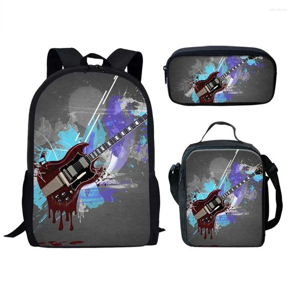 Backpack Cartoon Novelty Cool Music Guitar 3D Print 3pcs/set pupil School Bags Laptop Daypack Lunchag Bag Case de lápis