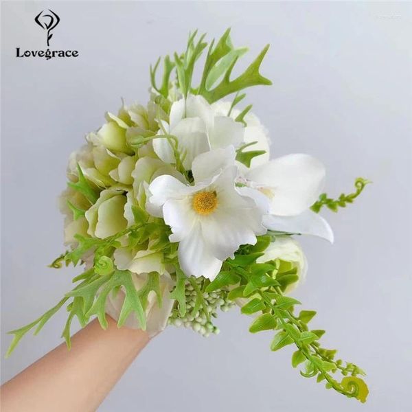 Hochzeitsblumen grün weiß künstliche künstliche Rosenhordera Galsang Blumenbouquet Seiden Home Dekoration Party Tischdekor Flore Flore