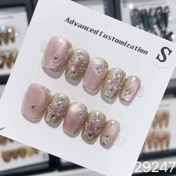 Feito à mão Y2K Pressione as unhas Rosa Francês Luxo Cat Eye Cover com design Dicas de unhas artificiais decirativas para meninas 240328