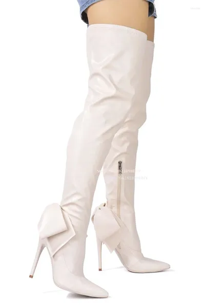 Botlar Fildişi Streç kumaş İnce Diz Yüksek Kadınlar İnce Fit Geri Kelebek Düğüm Nane Ayak Parçaları Uyluk Uzun Bota
