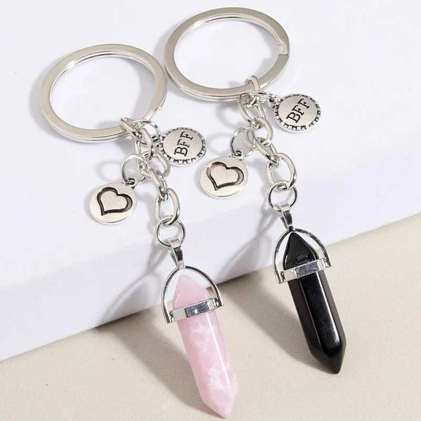 Keychains Lanyards 1Set (2pcs) Neue beste Freunde Schlüsselbund Natural Crystal Quarz Stein Ring Herz BFF Kette Freundschaft Geschenk Schmuck Handgefertigt Q240403