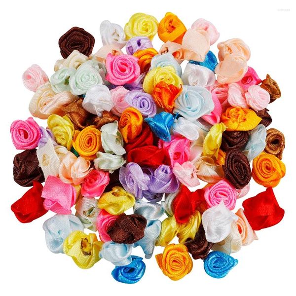 Dekorative Blumen 10/15/20mm zufällige Farbe Mini Satin Künstlicher Blumenkopf Rosette Bogen für Kleidungskleid Dekoration DIY Crafts L1020