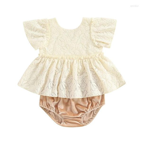 Kleidungssets Baby Girl Urlaub Outfits Set Kurzärmel Spitzenblumblüten gekräuselte Saumelastische Taille Samt Bloomer Shorts Strand Boho