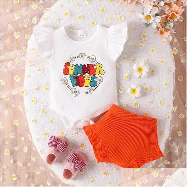 Giyim setleri 2pcs yaz bebek kızlar yumuşak ve rahat beyaz mektup baskılı turuncu basit rüzgar çukuru şort rahat takım elbise damla teslimat otllh
