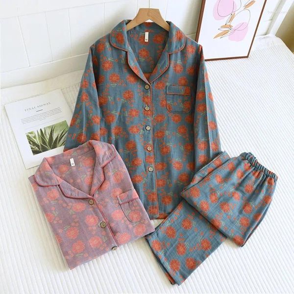 Abbigliamento da casa Abito da giro per pantaloni in cotone per abiti da donna e a maniche lunghe autunnali jacquard pijama mujer