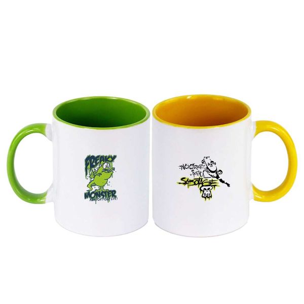 Tassen Großhandel wiederverwendbare Tasse 11oz niedliche maßgeschneiderte Sublimation Rohlinge farbige innere Porzellan Keramik Becher Kaffee mit Griff