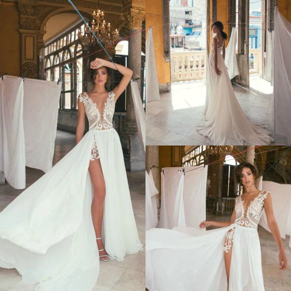 Vestidos 2018 Julie Vino Boho Vestidos de noiva Sheer Jewel lateral lateral dividido Limite de chiffon Applique de chiffon Applique