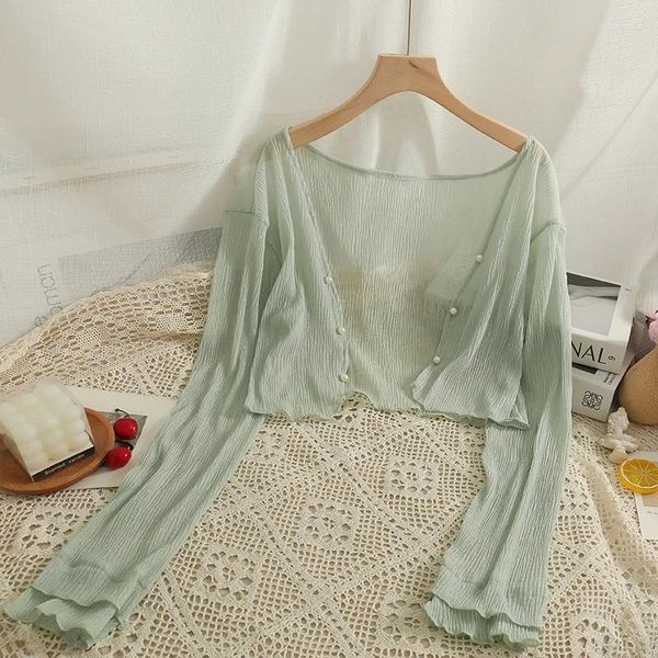 Frauenblusen Sonnenschutzhemd Frauen Sommer Chiffon Strickjacke dünne Top Elegante Nieten Floune Floune Flower Color Long Sleeved Vielseitig vielseitiger Kurzmantel