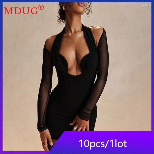 Sıradan Elbiseler 10 PCS Toplu Ürünler Toptan Lotlar Kadınlar Uzun Kollu Mesh Bodycon V-Bute Halter Mini Vestidos Street Giyim Robes Y2K M13100