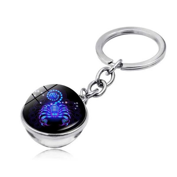 Schlüsselanhänger Lanyards Zodiac Zeichen Schlüsselbund 12 Konstellation Leo Virgo Waage Scorpio Schütze Doppelseite Glassball Schlüsselring Geburtstag K2419 Q240403