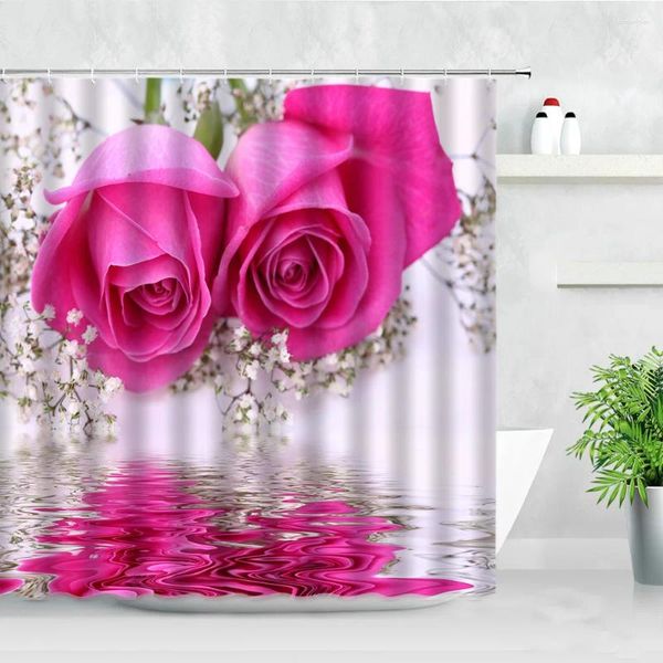 Cortinas de chuveiro Cortina de flor de borboleta de roseira vermelha 3D Planta verde paisagem floral decoração de banheiro à prova d'água com ganchos Tela de banho de tecido
