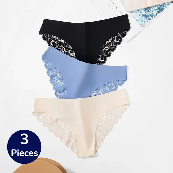 Frauen Höschen Giczi 3pcs Set süße Spitze weibliche Unterwäsche Hohlauslöser sexy Dessous weiche Seidensatin -Satins Gemütliche Frauenunterhose