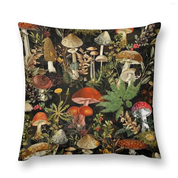 Travesseiro de cogumelos vintage Padrão botânico da floresta - Black Colorful Colorful Christmas Pillows Sitting Sitting