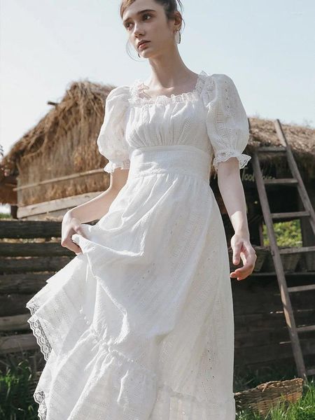 Abiti per feste Aigyptos White Dress Women Summer Women Vintage Elegant Square Square Worke Solleve Caval Out Cotton Maxi per