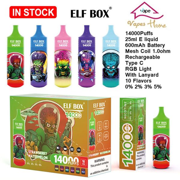 Elf Box 14K 14000 Pufos Vaporizadores Pen do vape descartável 10 Flavores E-CIGARETtes Bang Vapes Mesh Bobina Cigarros eletrônicos RGB Luzes LED 0/2/3/5%