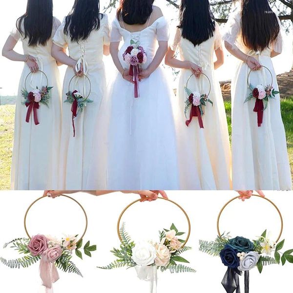 Dekorative Blumen 1PC Brautjungfer Gold Hoop Bouquet für Hochzeit Brautdusche Zeremonie künstliche Rosenblumblumenkranz Vordertür Wanddekoration