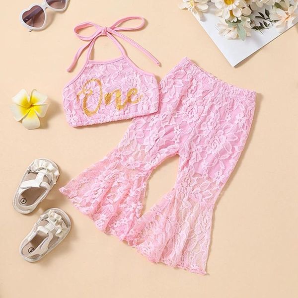 Bekleidungssets Baby Girls erster Geburtstag Outfit Spitze Halfter Rückenless One Crop Top und Bell Bottom Hosen Set Kuchen -Smash -Kleidung