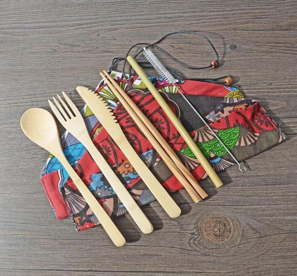 6 Designs Bamboo -Flateleset 7pcsset Tragbares Besteckset mit Stofftaschen -Taschengeschirr Set Messergabel Löffel Stäbchen Strohstäbchenstäbchen