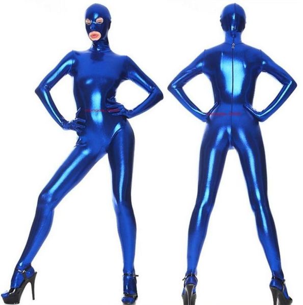 Unisex Blue Shiny Lycra Metallic Catsuit Costum