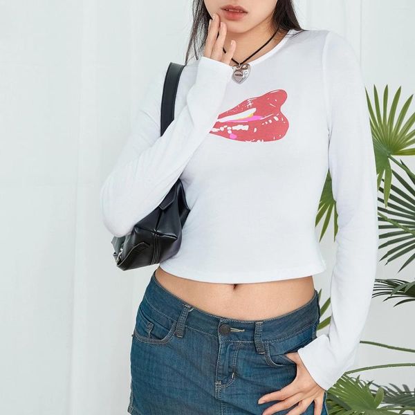 Damen T-Shirts Puloru Red Lippen Druck weiße T-Shirts Casual Mode T-Shirts Frühling Herbst Langarm Crew Nackenpullover Short Tops