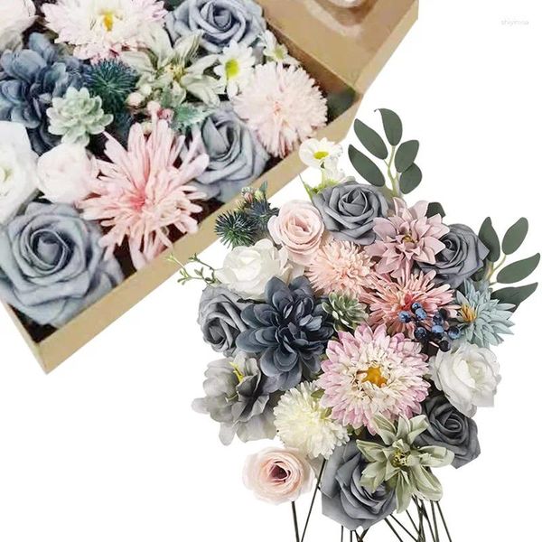 Flores decorativas azuis rosa rosa rosa artificial cabeças de seda 20 PCs Dahlia DIY Casamento Casa Decoração do Dia dos Namorados Buquê Fake