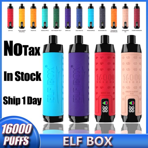 Orijinal elf kutusu shisha 16000 puflar tek kullanımlık vape kalem puf 16k LED ekran örgü bobin şarj edilebilir e sigara 12 aromalar 0% 2% 3% 5% 5% vaper taç çubuğu