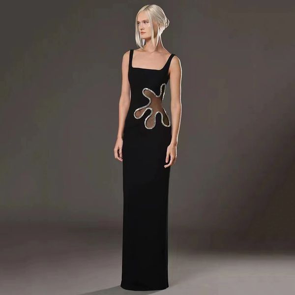 2024 Neue IG Influencer Frauen schwarze sexy Kleider Designer Mesh Durchsicht von Luxus-Strass-Strass-Promi-Party Verband Langes Kleid HL2521
