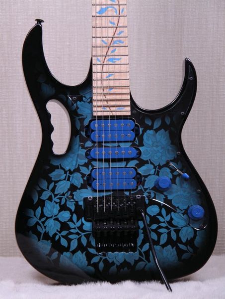 JEM77 BFP Blue Blumenmuster Steve Vai 7V E -Gitarre 5pc Hals Tree of Life Inlay Floyd Rose Tremolo Verriegelungsmutter Schwarz H4292098
