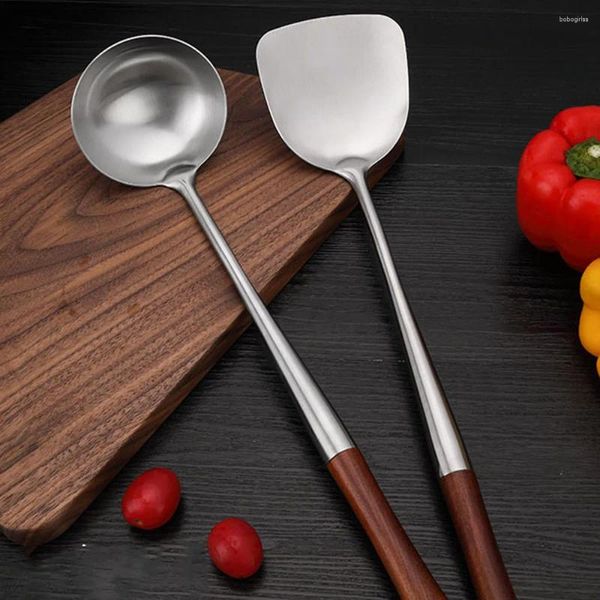 Conjuntos de utensílios de cozinha 1/2pcs maçaneta de madeira aço inoxidável colher de cozinha clássica wok shovel ferramentas de cozinha duráveis práticas utensílios de cozinha