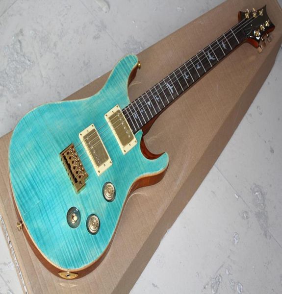 Factory Custom Light Blue E -Gitarre mit Gold Hardwarevögeln ärgern Inlayflame Maple Veneercan werden angepasst4758500