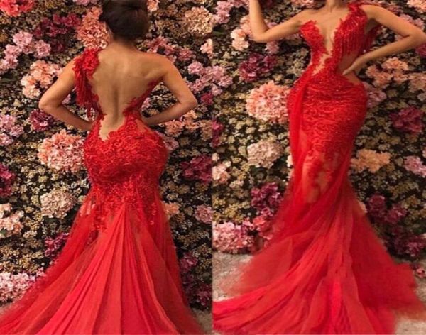 2020 Red puro Veja através de vestidos de baile de sereia sem nas costas, vestidos de noite de tule de renda plus size