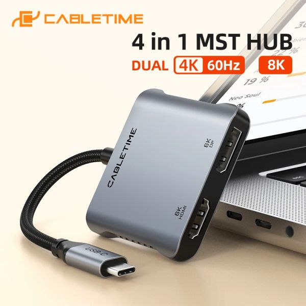 Hubs CableTime USB C Hub para Dual HDMI DisplayPort 8K 30Hz 4K 120Hz PD 100W Display Dual para laptop Dell Asus C442